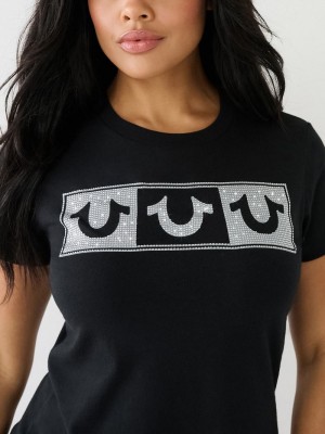 True Religion Crystal Box Horseshoe Logo T-Shirts Damen Schwarz | 82071HVMS