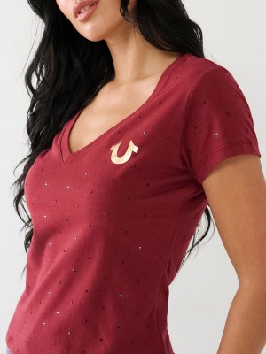True Religion Crystal Horseshoe Logo V Neck T-Shirts Damen Fuchsie | 61528OHQV
