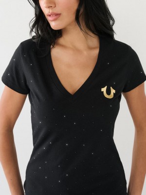True Religion Crystal Horseshoe Logo V Neck T-Shirts Damen Schwarz | 91087VBON
