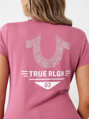 True Religion Crystal Horseshoe Logo V Neck T-Shirts Damen Lila | 23416EBTG