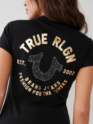 True Religion Crystal Horseshoe V T-Shirts Damen Schwarz | 02356FTXD