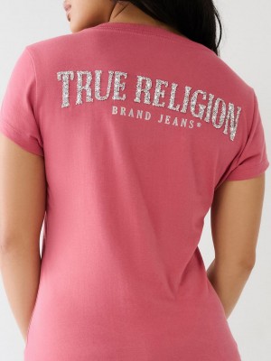 True Religion Crystal V Neck Logo T-Shirts Damen Rosa | 54180YBEX