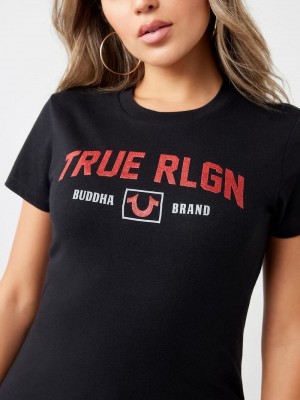 True Religion Glitter True Rlgn Buddha Logo T-Shirts Damen Schwarz | 15948TFRQ