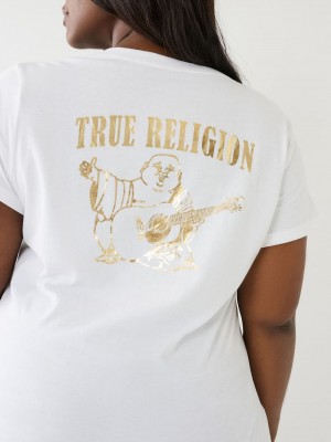 True Religion Metallic Buddha Logo V Neck T-Shirts Damen Weiß | 08967HPLS