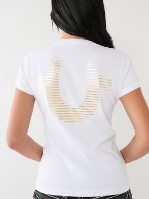 True Religion Metallic Gestreift Hs Logo T-Shirts Damen Weiß | 46081MRPL
