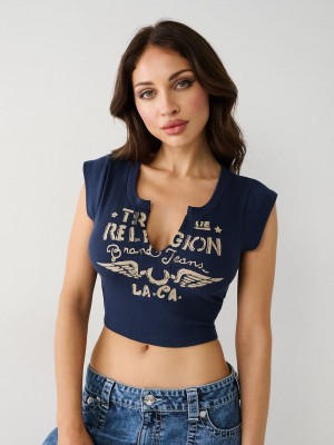 True Religion Notch Crop T-Shirts Damen Navy Blau | 13409UZDF