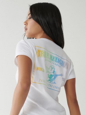 True Religion Rainbow Logo V T-Shirts Damen Weiß | 78149YMGN