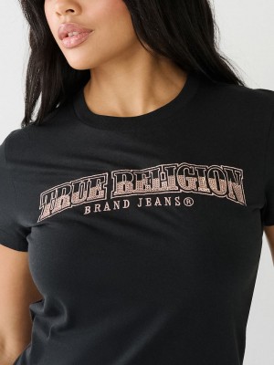 True Religion Sequin Arched Logo Slim T-Shirts Damen Schwarz | 34052RZBV