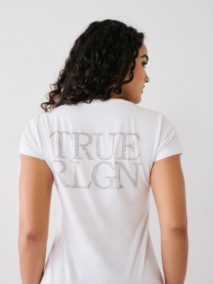 True Religion Studded Logo V T-Shirts Damen Weiß | 25073BZHR