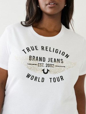 True Religion World Tour Retro Crystal Slim Crew Logo T-Shirts Damen Weiß | 69584SNYG