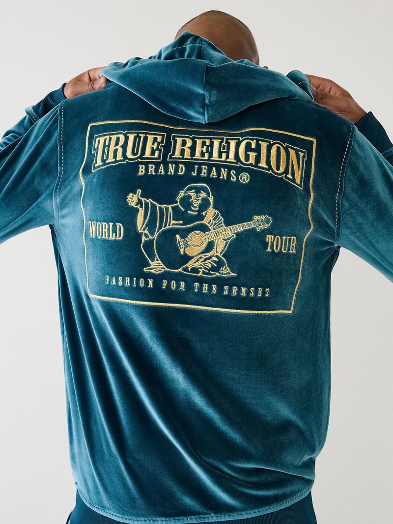 True Religion Velour Big T Zip Hoodie Herren Pfauenblau | 73809CBUE