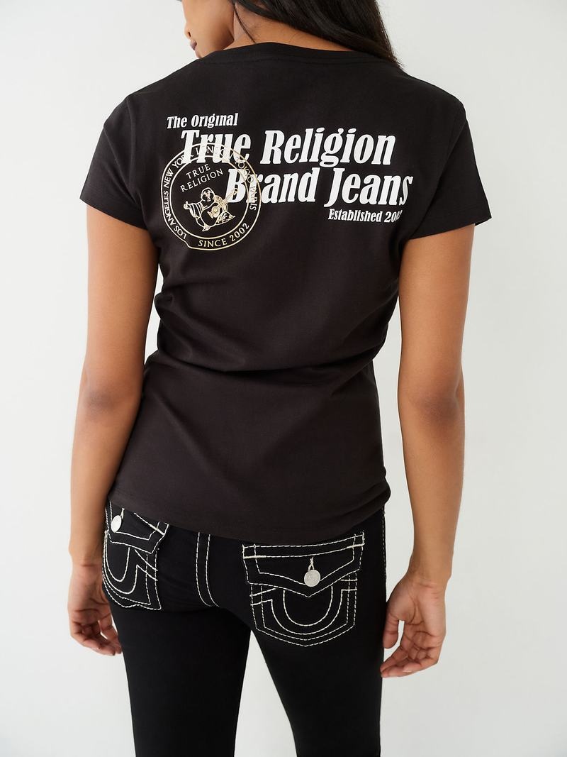True Religion Buddha Logo V T-Shirts Damen Schwarz | 29170MGPC