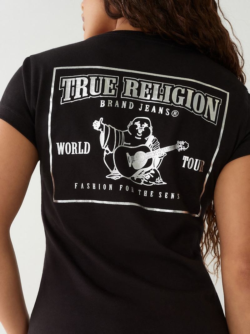 True Religion Buddha Logo V T-Shirts Damen Schwarz | 51287VAKZ