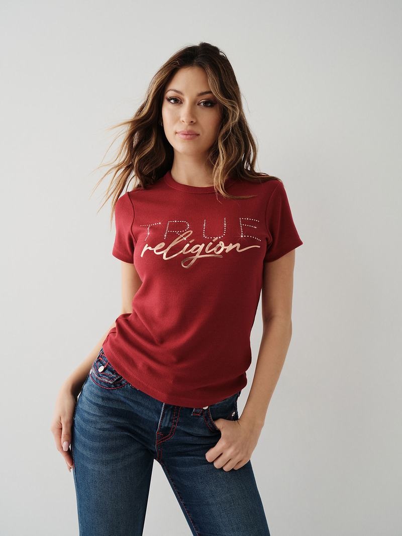 True Religion Crystal Logo T-Shirts Damen Rot | 40927CYAI