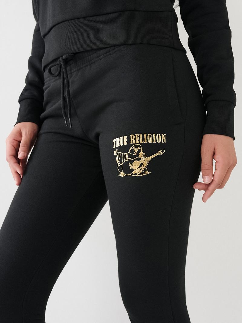 True Religion Metallic Buddha Logo Fleece Jogginghose Damen Schwarz | 56082ZNXT