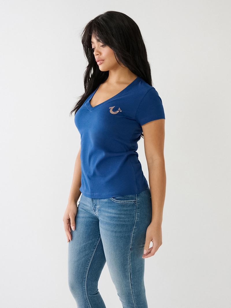 True Religion Metallic Gestreift Hs Logo T-Shirts Damen Blau | 47098TXOC
