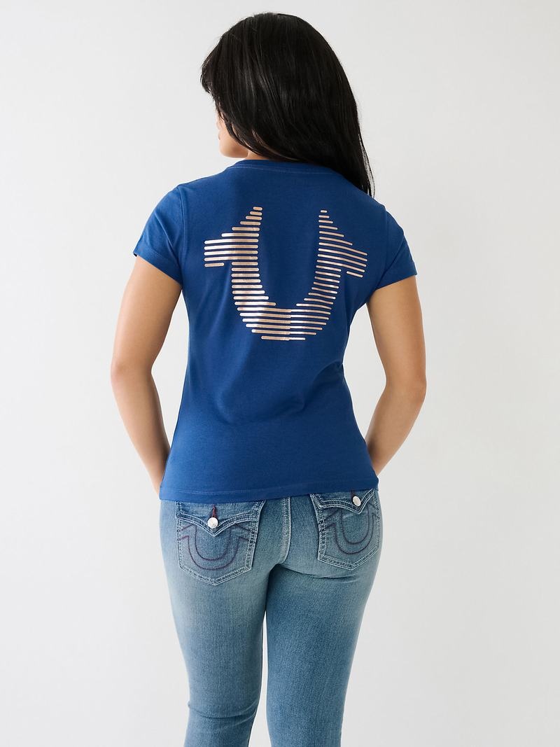 True Religion Metallic Gestreift Hs Logo T-Shirts Damen Blau | 47098TXOC