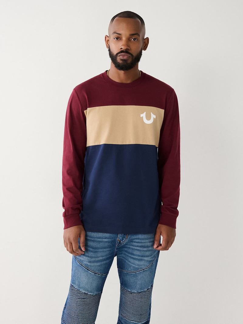 True Religion Long Sleeve Color Block T-Shirts Herren Bordeaux | 02987RLFG